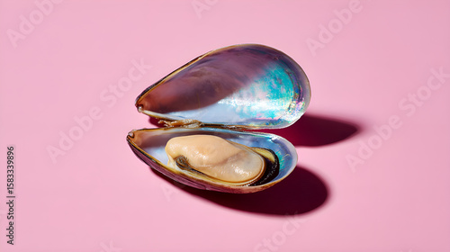Open mussel shell revealing iridescent interior and soft flesh on pink background