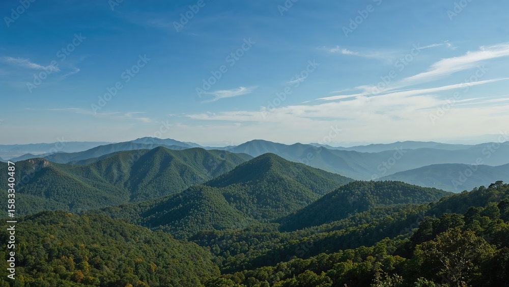 Fototapeta premium Panoramic view of Blue Ridge Mountains with rolling green hills under a clear blue sky and distant mountain ranges on the horizon