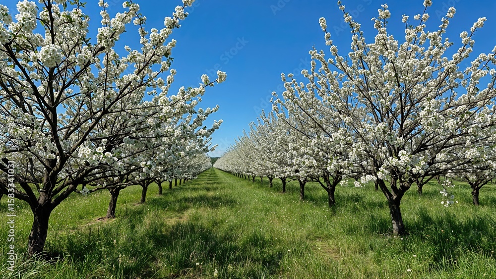 Sunny weather highlighting blooming trees and vibrant orchards with open fields Sunny weather highlighting blooming trees and vibrant orchards with open fields