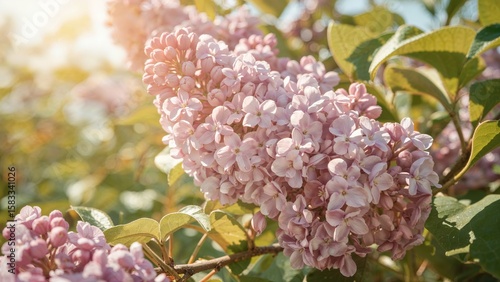 Detailed view of lilac flowers blossoming in sunlight on a shrub, styled with a retro color tone