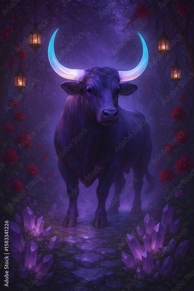 Naklejka premium Majestic purple ox with glowing horns and crystals in enchanted lantern forest for Chinese New Year theme