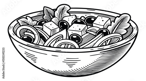 Hand-Drawn Greek Salad in Bowl – Black and White Engraving