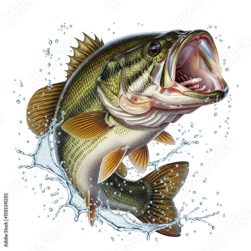 Photo of a largemouth bass fish leaping out of the water with a splash, captured midair against a transparent background