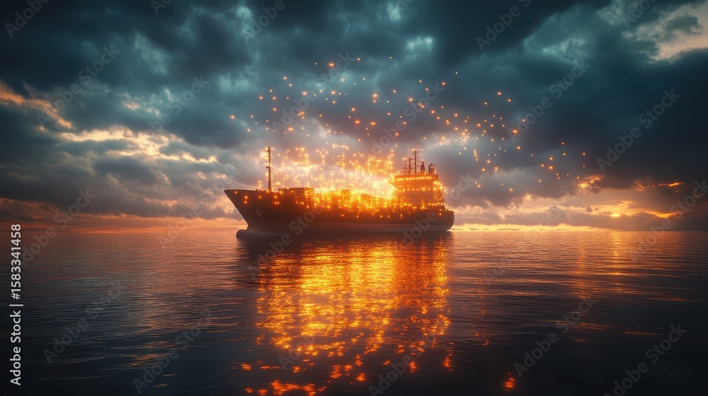 Fototapeta premium Cargo Vessel Sunset with Glowing Orbs