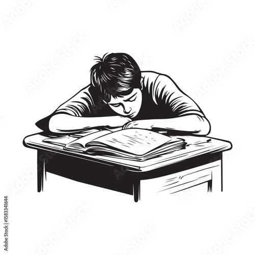 Vector illustration of a person falling asleep at a study desk due to exhaustion. Ideal for educational designs, motivational posters, social media content about studying, academic burnout.