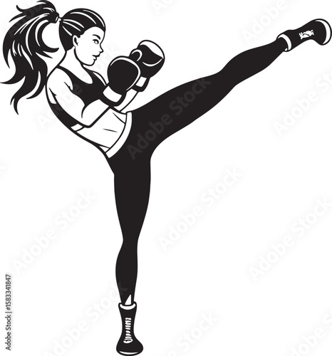 Silhouette of a female kickboxer in action, delivering a high side kick while wearing gloves. Perfect for martial arts or fitness themes.