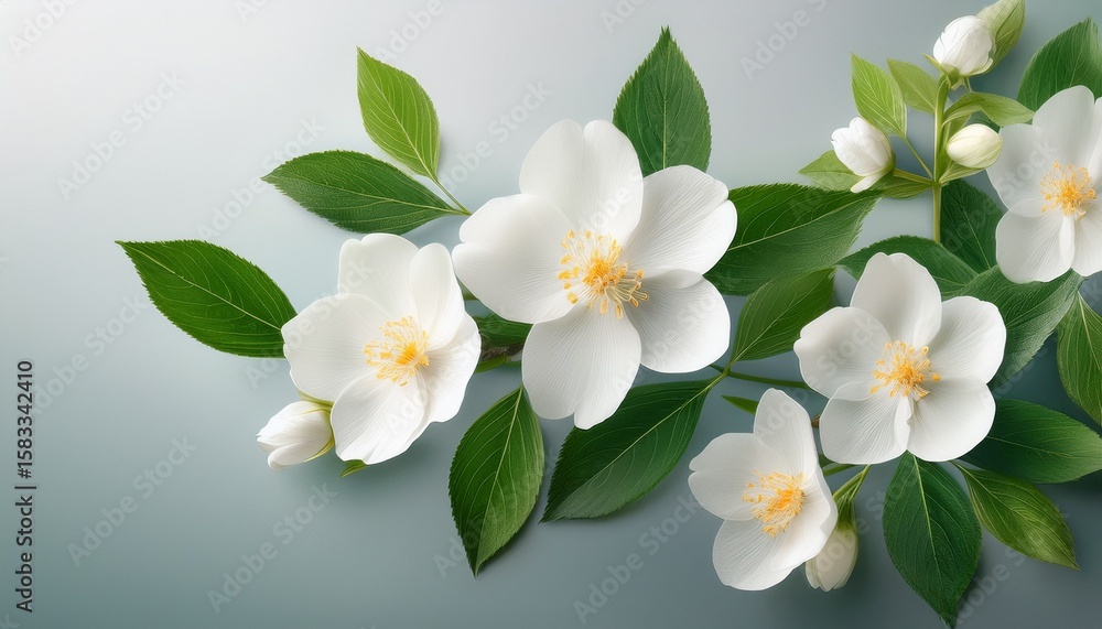 Fototapeta premium delicate white flowers with green leaves on a subtle background