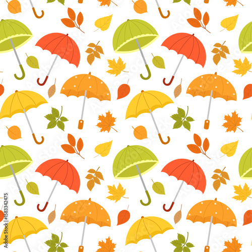 Seamless pattern with different colorful umbrellas and leaves. Open umbrellas, rainy seasons. Hand drawn vector autumn pattern.