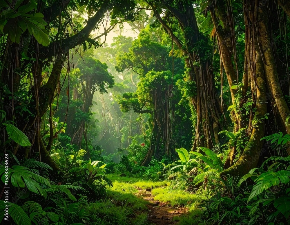 Obraz premium Lush green tropical jungle in Southeast Asia during August, filled with dense vegetation, misty atmosphere, and rich biodiversity — ideal for travel, nature, or environmental themes