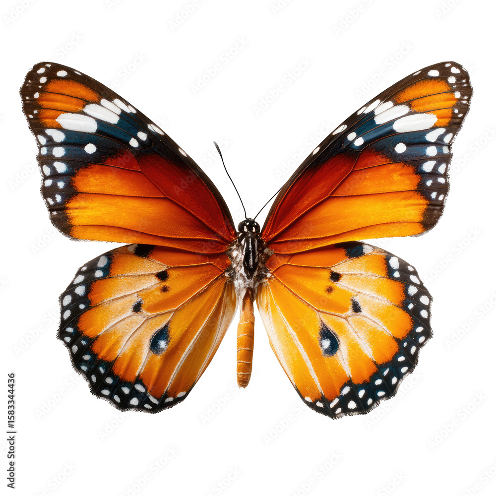 Fototapeta premium Close-up of an orange and white butterfly, wings spread, against a black background