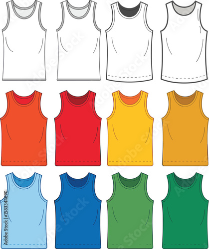 Colorful sleeveless tank tops set, vector fashion illustration for sportswear, clothing design mockup, casual outfit, textile print templates