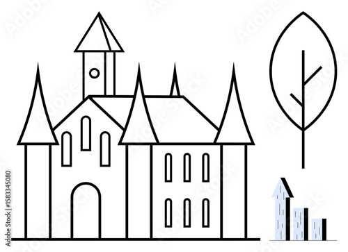 Castle with tall spires and multiple windows, minimalist tree with linear design, small modern buildings nearby. Ideal for architecture, heritage, elegance, history, minimalism, fantasy simple