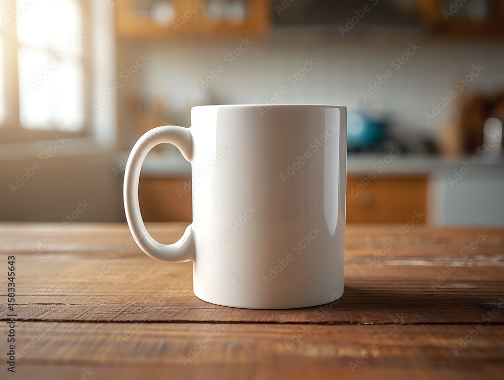 Fototapeta premium A hot brown coffee mug on a wooden table, perfect for a morning cafe breakfast or a relaxing tea break