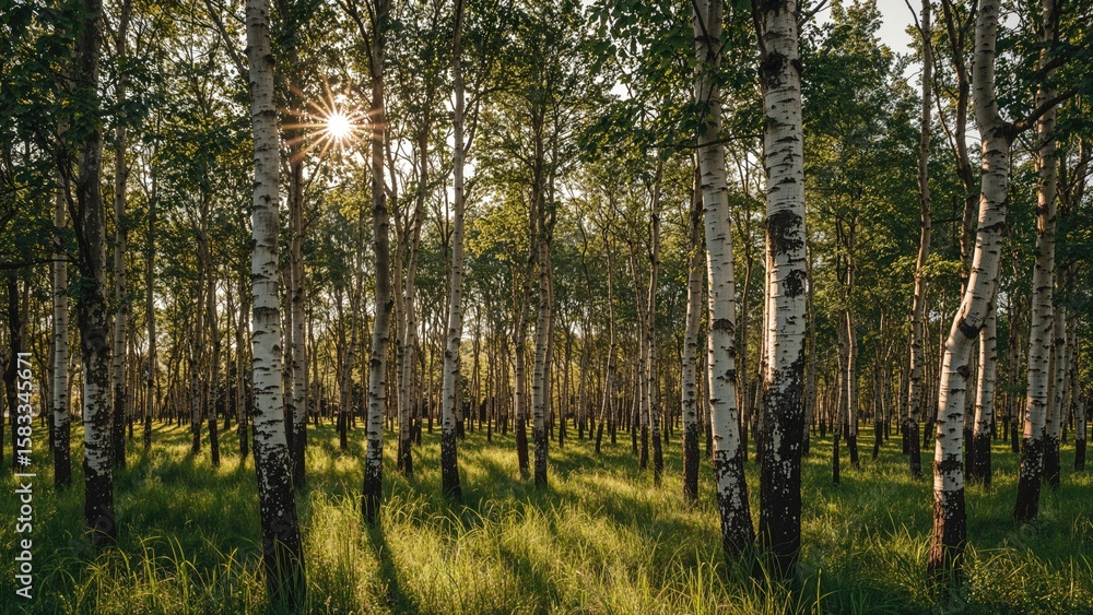 Fototapeta premium A lush birch woodland during the summer season