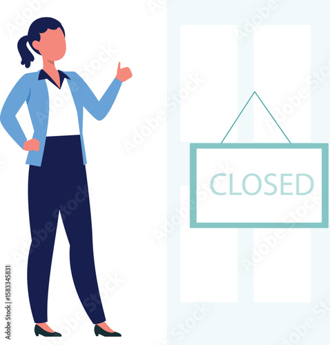 Girl puts closed board on the door.