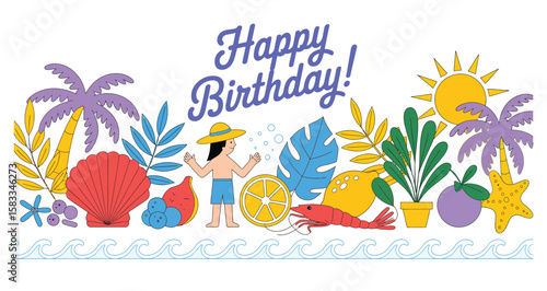 tropical birthday celebration illustration with palm trees, starfish, shrimp, lemon, flower, and sun, ideal for festive and summer themes