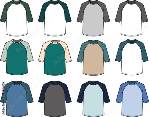 Vector raglan sleeve t-shirt collection, flat fashion template, baseball style shirt design, front view for apparel and mockup use
