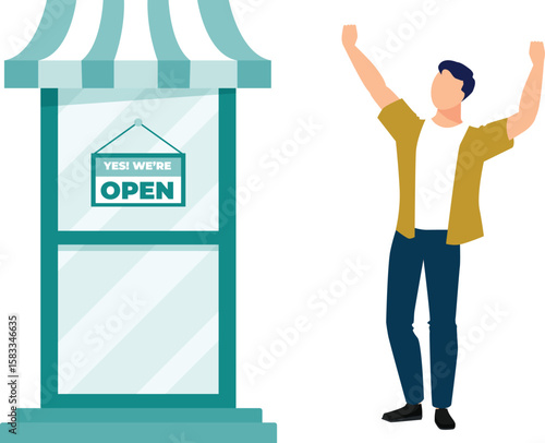 The boy is happily inaugurating his store.
