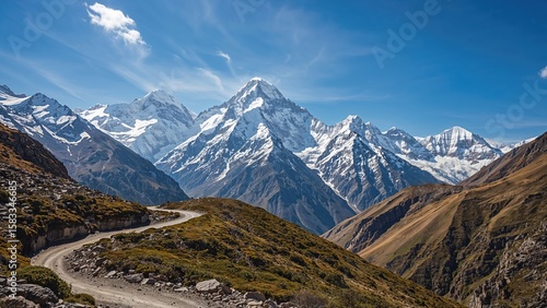 Scenic valley leading to the tallest snow-capped mountain base camp