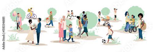 People of different ages and nationalities walk in the park and go about their business. Families with children, elderly and young couples, friends spend time together. Vector horizontal illustration.