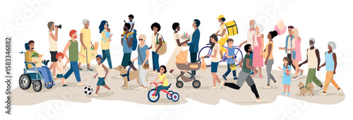 Happy people of different gender, age and race standing, walking and communicating together. People going about their business. Large group of diverse and active people. Vector illustration