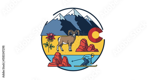 Experience a Colorado Day A Scenic Mountain Illustration Celebrating Nature and Winter Activities around beautiful state.
