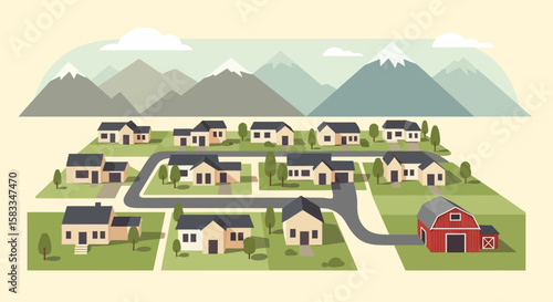 A Colorado Day's Dream Aerial View of a Quaint Village Nestled Near Majestic Mountains, Illustration.