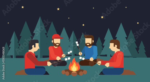 Enjoying Colorado's Peaceful day  Friends Around Bonfire Under Starry Sky, A Camping Illustration in Summer Evening