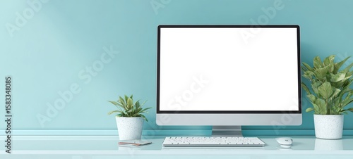 The modern desktop workspace with a blank computer monitor and greenery.