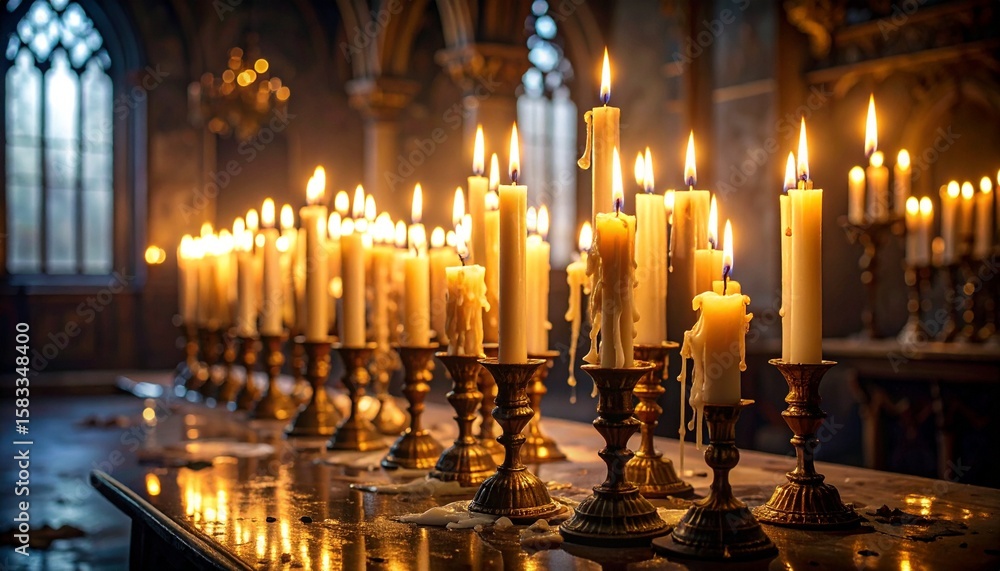 Melting wax candles creating distorted abstract forms, dripping textures, eerie candlelight, baroque gothic interior, mysterious ambiance Melting wax candles creating distorted abstract forms, dripping textures, eerie candlelight, baroque gothic interior, mysterious ambiance