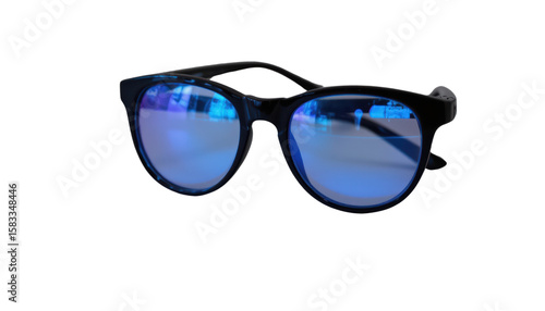 a pair of blue sunglasses with mirrored lenses against a dark background