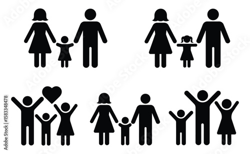 black family icons set featuring parents and children in various poses, perfect for community, parenting, and social-themed designs