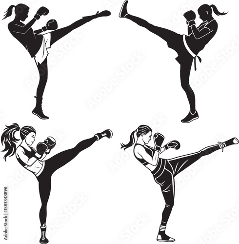 Set of four female kickboxer silhouettes in different high-kick poses. Great for showcasing martial art techniques or sports sequences.