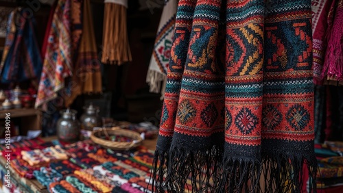 Colorful alpaca textile with traditional artwork made by hand, found in an artisan market