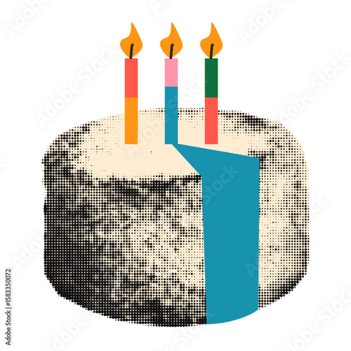 Birthday cake with three candles halftone element for collage. Funny sticker, paper cut out with vintage dotted texture and doodles. Modern retro mixed media vector illustration, party decoration