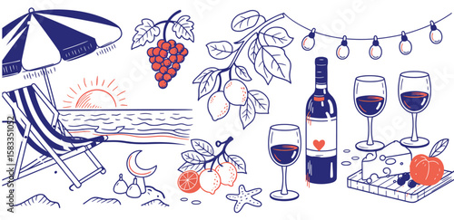 Beach picnic illustration with grapes, lemons, wine bottle with heart, cheese platter, and seaside umbrella—evoking warmth and charm