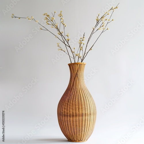 Elegant woven vase with delicate floral sprigs for a serene home decor aesthetic