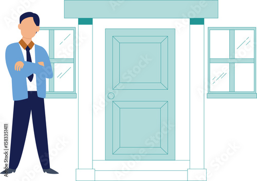 The man is standing with tied hands outside the house.