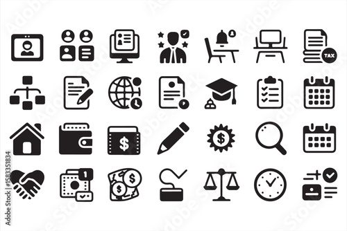 Set of Business and Educational Icons for Work, Finance, and Learning