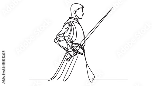 Continuous one single minimal line drawing warrior sword
