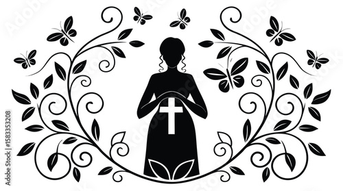 Pregnant Woman with Cross – Spiritual Floral Silhouette Vector Art
