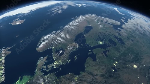Earth From Space Aerial View of Nordic Countries and City Lights at Night Showing Iceland Norway Sweden and Finland with Baltic Sea Seen From High Angle