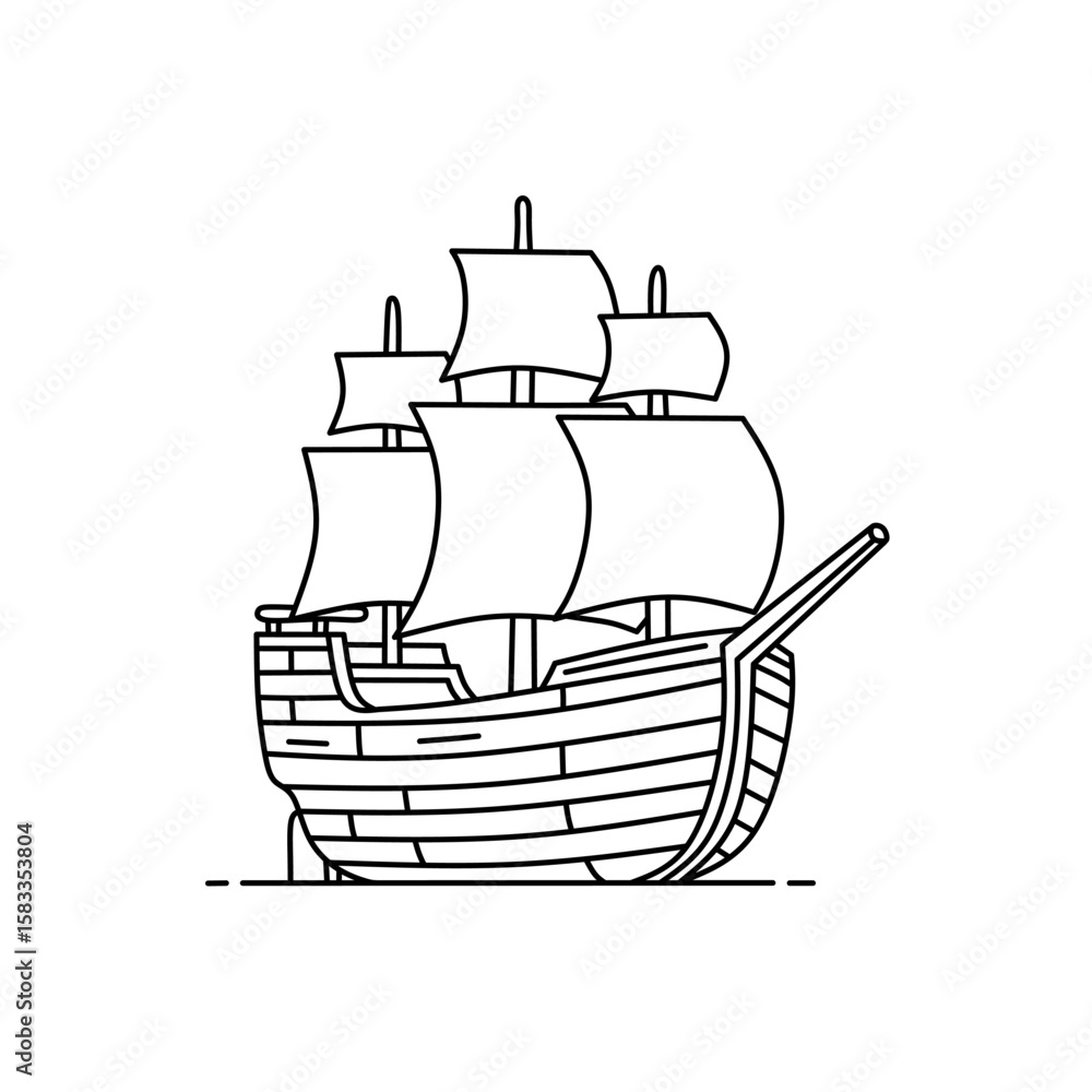 Obraz premium Outline drawing of an old wooden sailing ship with full sails. Vector nautical illustration ideal for coloring books, logos, educational materials, and marine designs