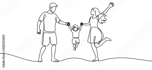 Minimalist family illustration of two adults playfully lifting a child—symbolizing joy, unity, and emotional connection in parent-child bond