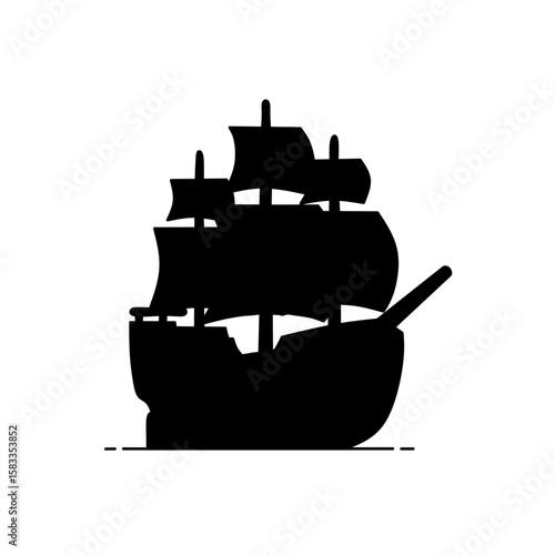 Black silhouette of an ancient sailing ship with multiple sails. Perfect vector graphic for logos, icons, pirate themes, and vintage nautical designs