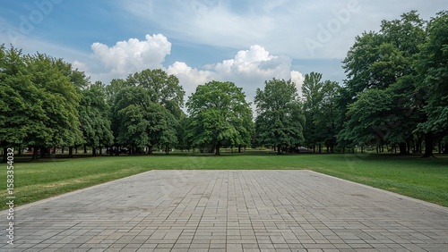 Fototapeta Naklejka Na Ścianę i Meble -  Open square floor area adjacent to vibrant woodland in a metropolitan park