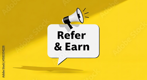 Refer and Earn Promotion with Megaphone on Yellow Background. Referral Marketing Campaign, Affiliate Program, Reward System, Share and Get Paid Concept.
