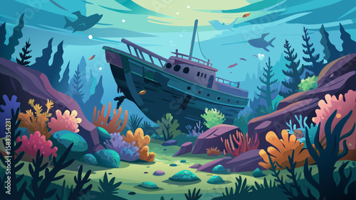 Explore a captivating underwater scene with a sunken ship, coral reefs, and marine life, ideal for backgrounds and nature-themed graphics.