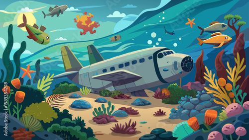 Sunken airplane rests amid colorful sea life, perfect for ocean themes or designs requiring an underwater landscape.