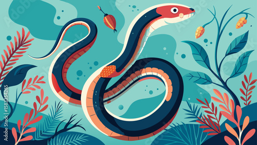 Graceful snake winding through vibrant jungle foliage creates a beautiful design for nature-themed projects and exotic wildlife designs.